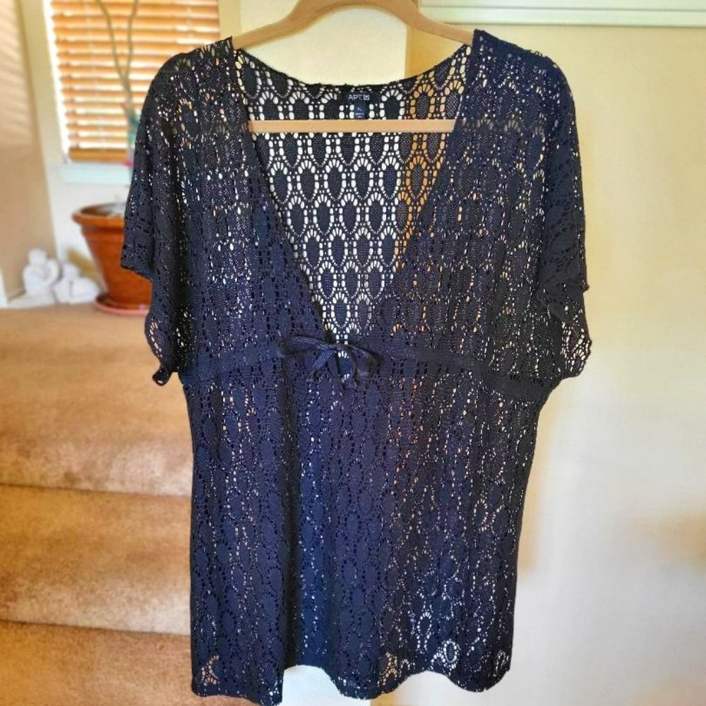 Black Crocheted Top with Satin Ribbon Tie & Cap Sleeves - Size XL
